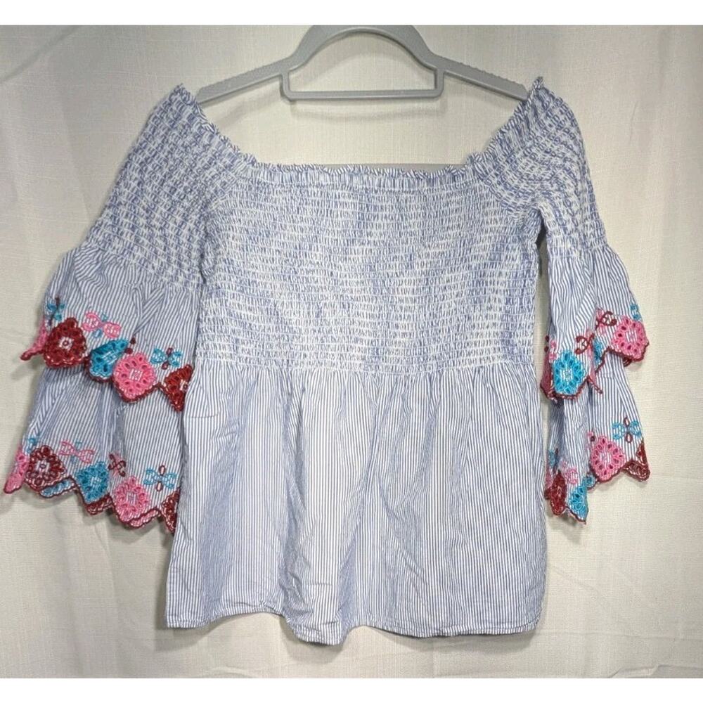 Loft Women's Off The Shoulder Blouse Sz S Embroidered Flare Sleeves Boho Smocked - Picture 3 of 8